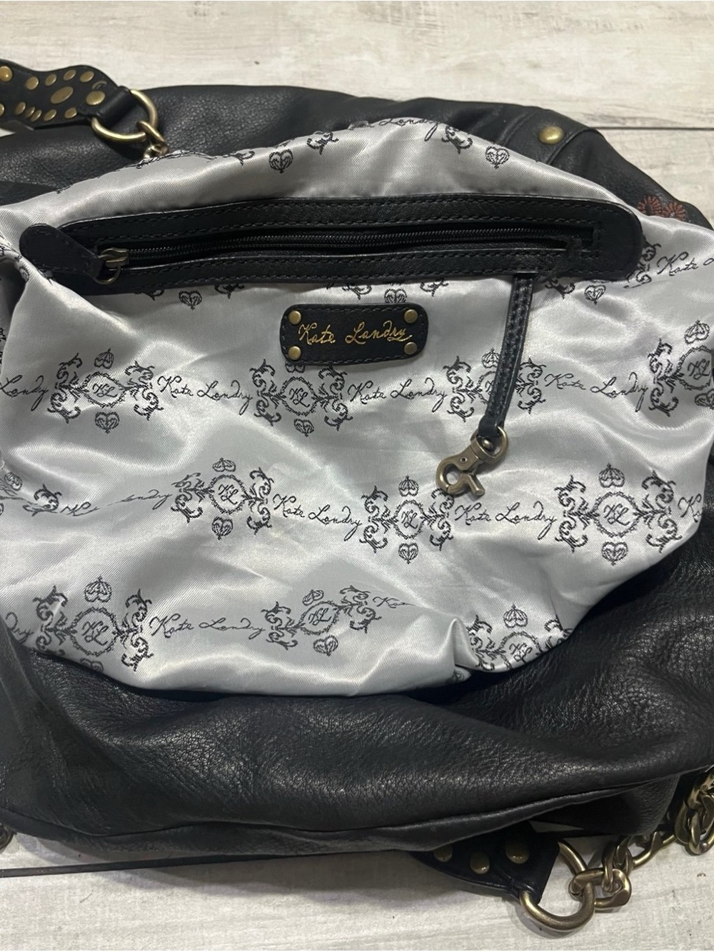 Kate Landry Black Leather Shoulder Bag with Brown Embroidered Floral Detail - Picture 4 of 6